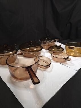 Vision Ware Vintage Corning Pyrex Amber Glass Cookware 13 Piece Set USA & FRANCE